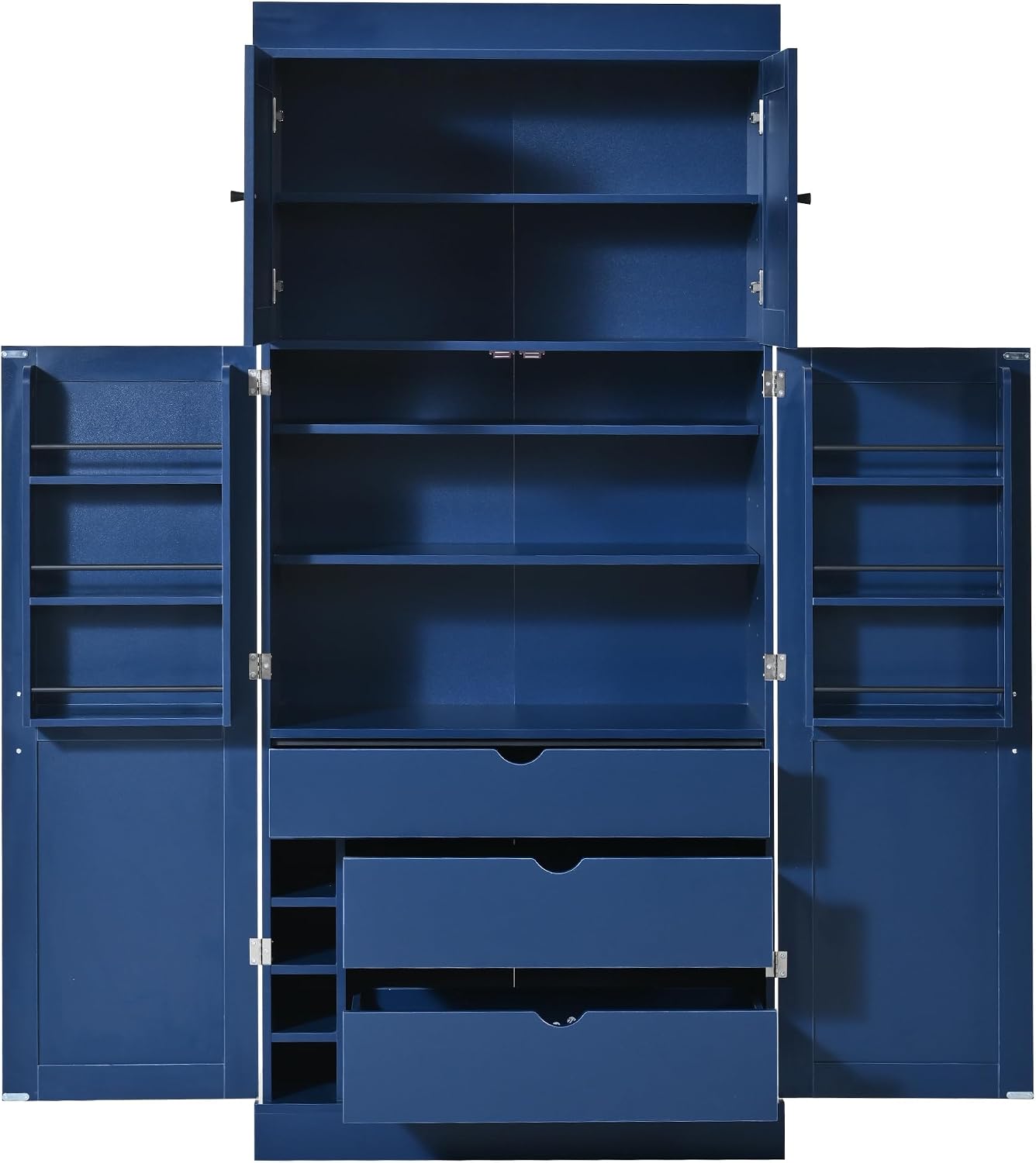 Merax 77''Tall Freestanding Kitchen Pantry,Farmhouse Tall Storage Cabinet with 2 Standard Plugs and 2 USB Ports,Wood Food Pantry with Adjustable Shelves,Door Shelves, Drawers and Wine Racks,Blue