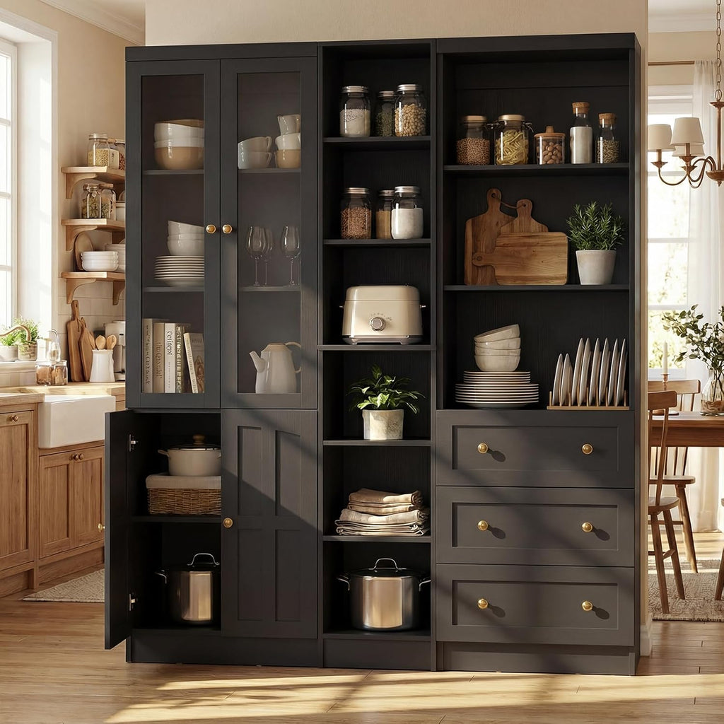 Cyclysio 80" Tall Kitchen Pantry, Large Storage Cabinets with Glass Doors, Modular Wood Pantry Cabinet with 3 Drawers & Adjustable Shelves for Living Room & Dining Room, Set of 3 (Black)
