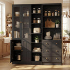 Cyclysio 80" Tall Kitchen Pantry, Large Storage Cabinets with Glass Doors, Modular Wood Pantry Cabinet with 3 Drawers & Adjustable Shelves for Living Room & Dining Room, Set of 3 (Black)