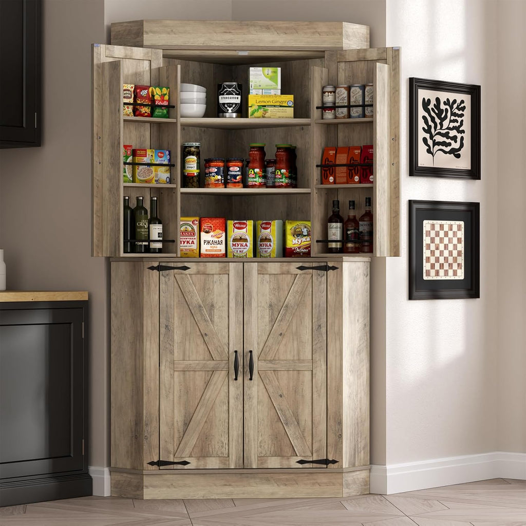 Gyfimoie Corner Cabinet,Kitchen Pantry Storage Cabinet,Freestanding Buffet Hutch with 4 Doors and Shelves,Tall Food Pantry Farmhouse Furniture with Side Rack for Kitchen Dining Room(Retro)