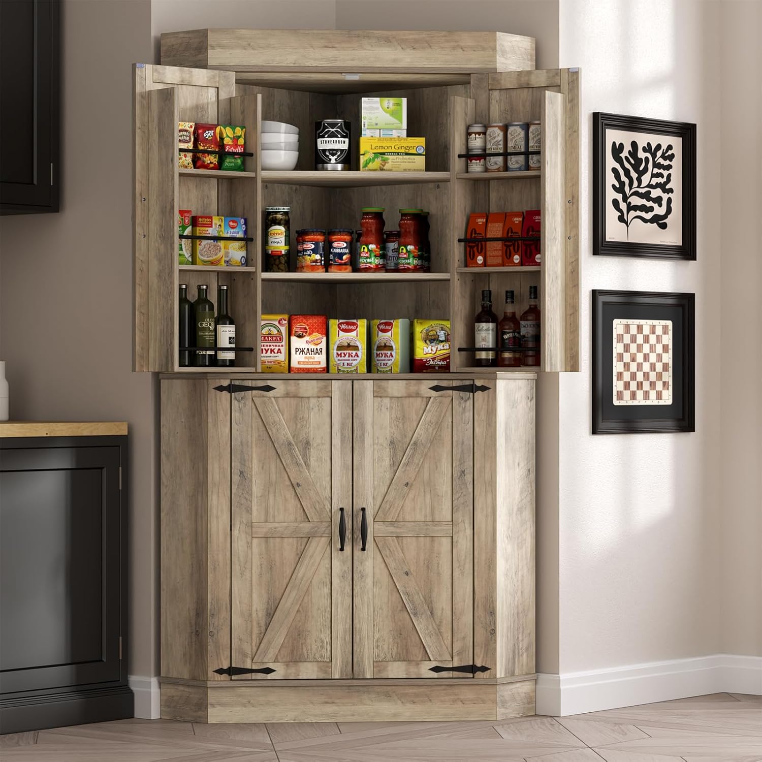 Gyfimoie Corner Cabinet,Kitchen Pantry Storage Cabinet,Freestanding Buffet Hutch with 4 Doors and Shelves,Tall Food Pantry Farmhouse Furniture with Side Rack for Kitchen Dining Room(Retro)