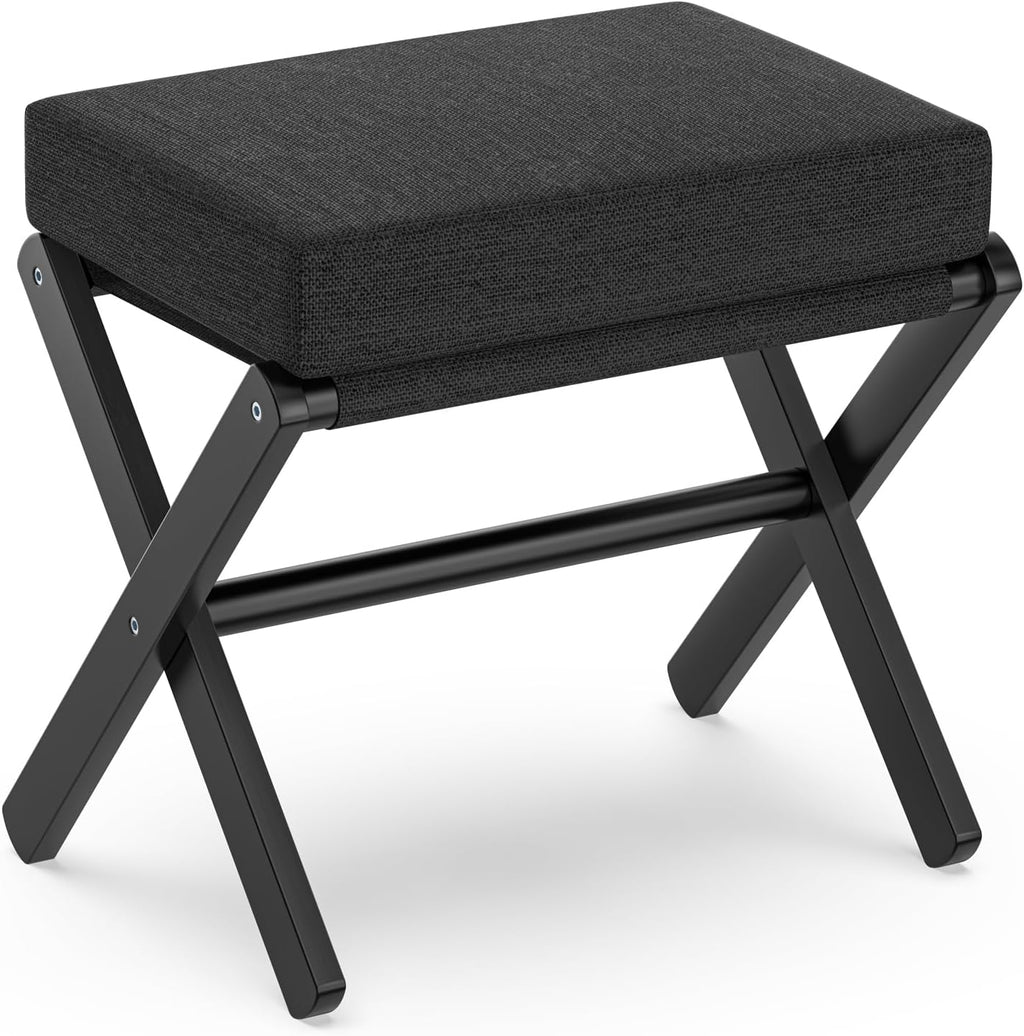 BAMBOOHOMIE Foldable Foot Stool Ottoman, Small Padded Foot Rest with Bamboo X-Legs, Portable Folding Leg Rest for Living Room Bedroom Office, Soft Foam Cushion Step Stool for Couch & Armchair (Black)