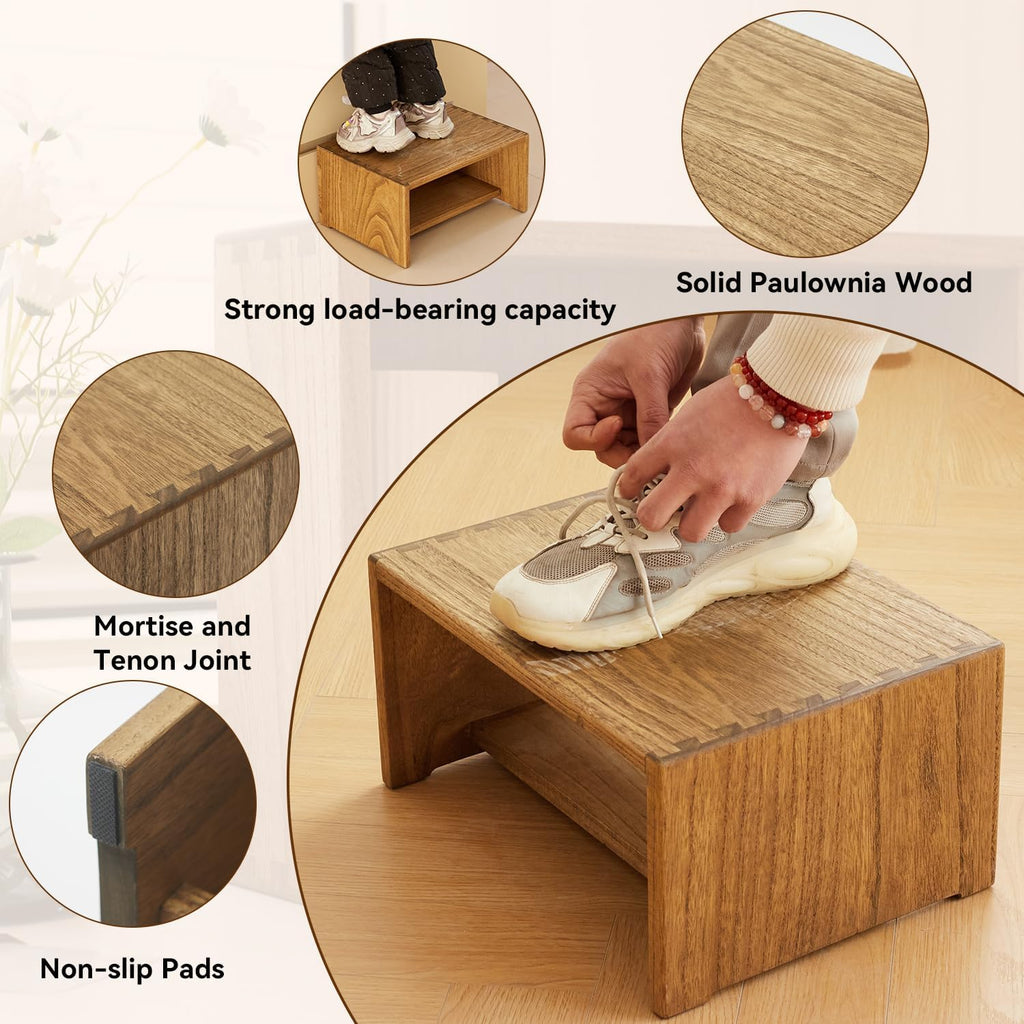 KIRIGEN Wooden Step Stool, Solid Paulownia Wood Step Stool with Anti-Slip Pads, Multi-Purpose Foot Stool for Bathroom, Kitchen, Bedroom ZGT-DBR