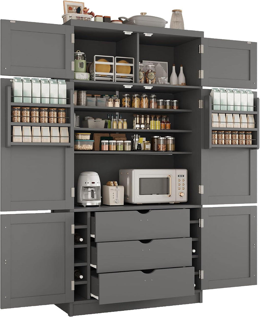 Large Kitchen Pantry Storage Cabinet, Freestanding Cupboard with 2 Power Outlets, Adjustable Shelves and Door Shelves, Tall Storage Cabinet for Kitchen, Dinning Room, Living Room (Grey)