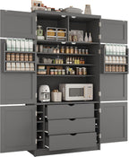 Kitchen Pantry Cabinet, Freestanding Tall Cupboard Storage Cabinet with Power Outlets, Adjustable Shelves and Door Shelves for Living Room, Kitchen (Grey)