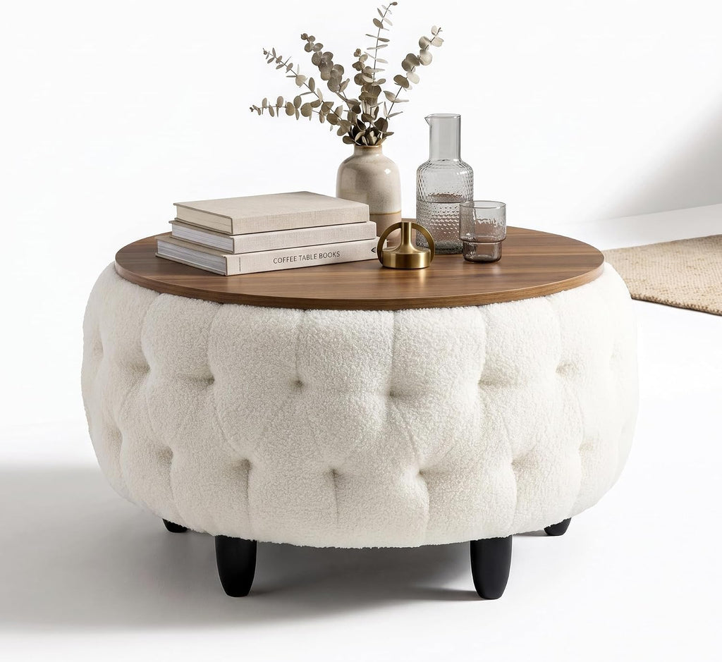 Large Round Storage Ottoman Coffee Table with Wooden Tabletop, 32 Inches Teddy Fleece Tufted Ottoman for Living Room, Bedroom, Apartments (White)