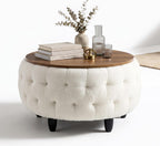 Large Round Storage Ottoman Coffee Table with Wooden Tabletop, 32 Inches Teddy Fleece Tufted Ottoman for Living Room, Bedroom, Apartments (White)