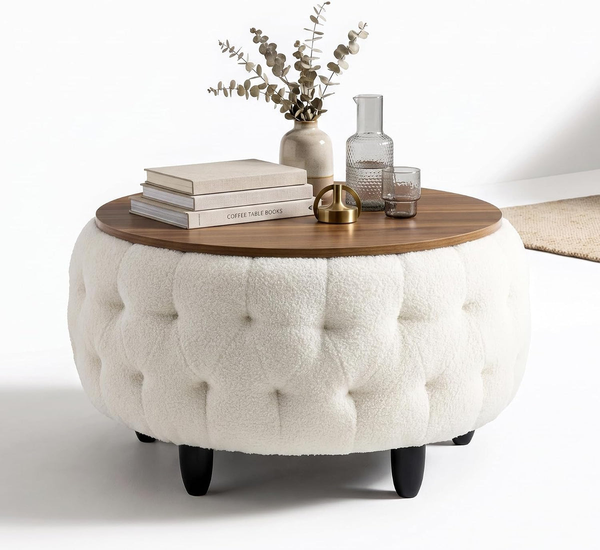 Large Round Storage Ottoman Coffee Table with Wooden Tabletop, 32 Inches Teddy Fleece Tufted Ottoman for Living Room, Bedroom, Apartments (White)