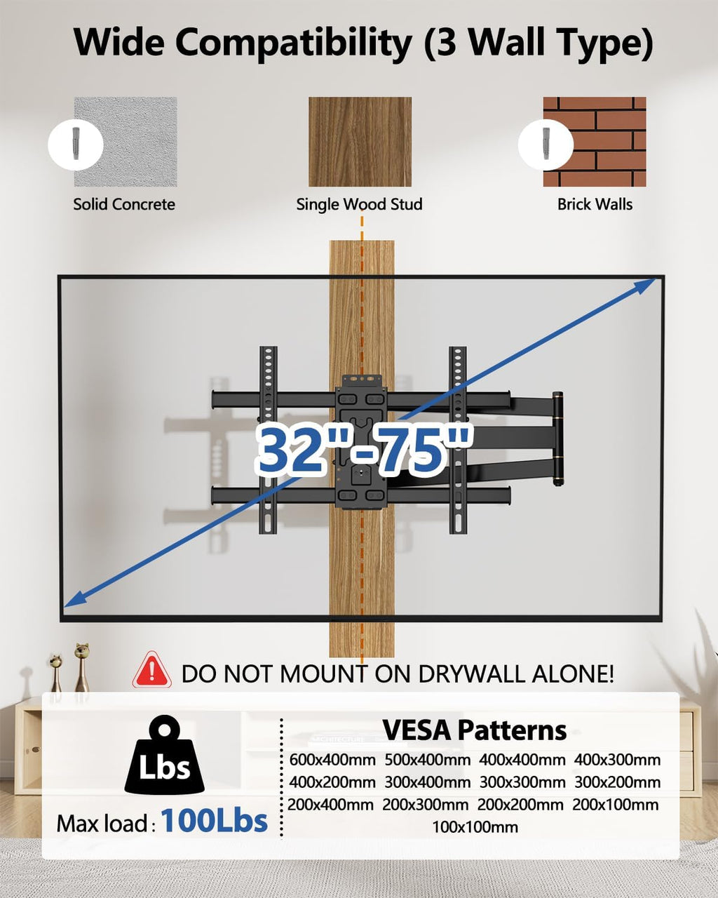 FORGING MOUNT Corner TV Wall Mount Long Arm TV Mount for 32-75 inch TVs | Single Stud Full Motion Articulating TV Bracket with 33” Extension, Swivel Tilt, Max VESA 600x400mm, Holds up to 100 lbs