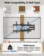 FORGING MOUNT Corner TV Wall Mount Long Arm TV Mount for 32-75 inch TVs | Single Stud Full Motion Articulating TV Bracket with 33” Extension, Swivel Tilt, Max VESA 600x400mm, Holds up to 100 lbs