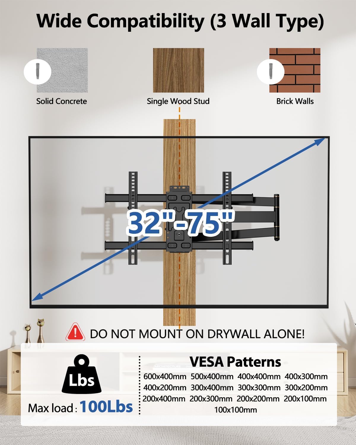 FORGING MOUNT Corner TV Wall Mount Long Arm TV Mount for 32-75 inch TVs | Single Stud Full Motion Articulating TV Bracket with 33” Extension, Swivel Tilt, Max VESA 600x400mm, Holds up to 100 lbs
