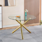 Modern Dining Room Table for 4 People, 36" Round Dining Table with Gold Chrome Metal X-Base, Circle Tempered Glass Dining Room Tables, Small Dining Table Kitchen Tables Dinner Tables