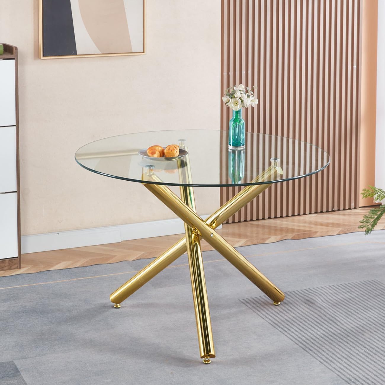 Modern Dining Room Table for 4 People, 36" Round Dining Table with Gold Chrome Metal X-Base, Circle Tempered Glass Dining Room Tables, Small Dining Table Kitchen Tables Dinner Tables