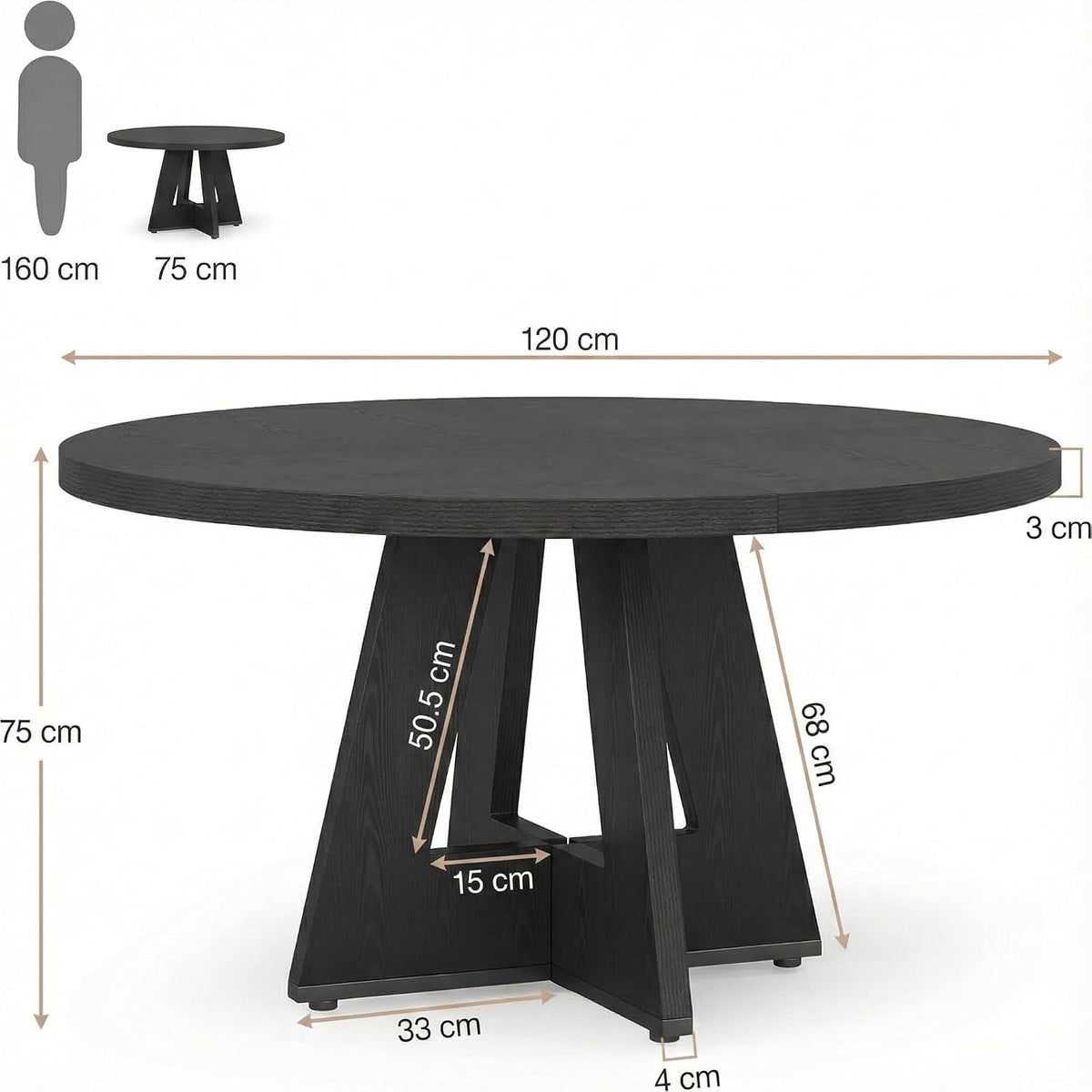 Lailang 47 Inch Dining Table, Small Dining Room Tables, Round Kitchen Tables, Wood Dinner Table, Dining Table for 4, Rustic Farmhouse Table, 47 x 26 x 30 Inch, Black