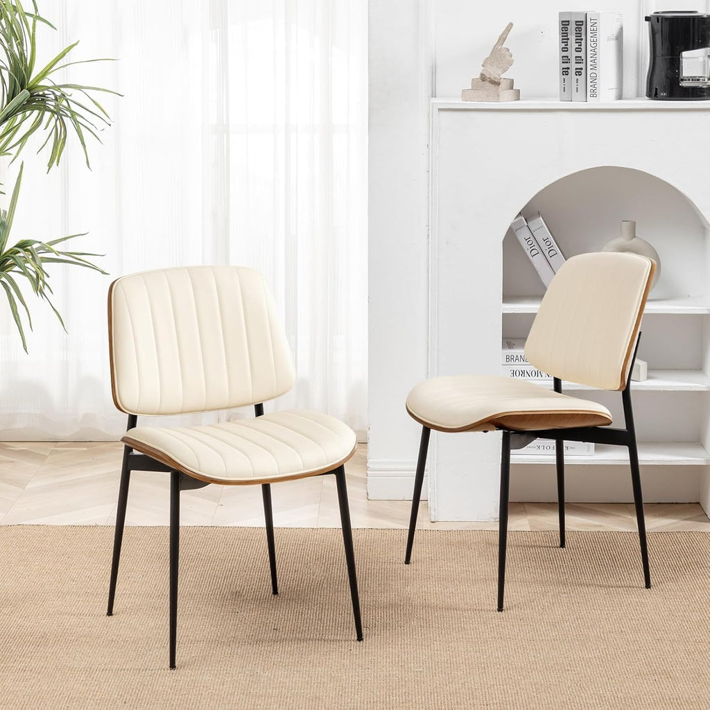 LUNLING Dining Room Chairs Mid Century Modern Retro Beige Faux Leather Chair with Walnut Bentwood Upholstered Seat Metal Legs Kitchen Chairs Adjustable Foot for Kitchen Dining Room,1PCS
