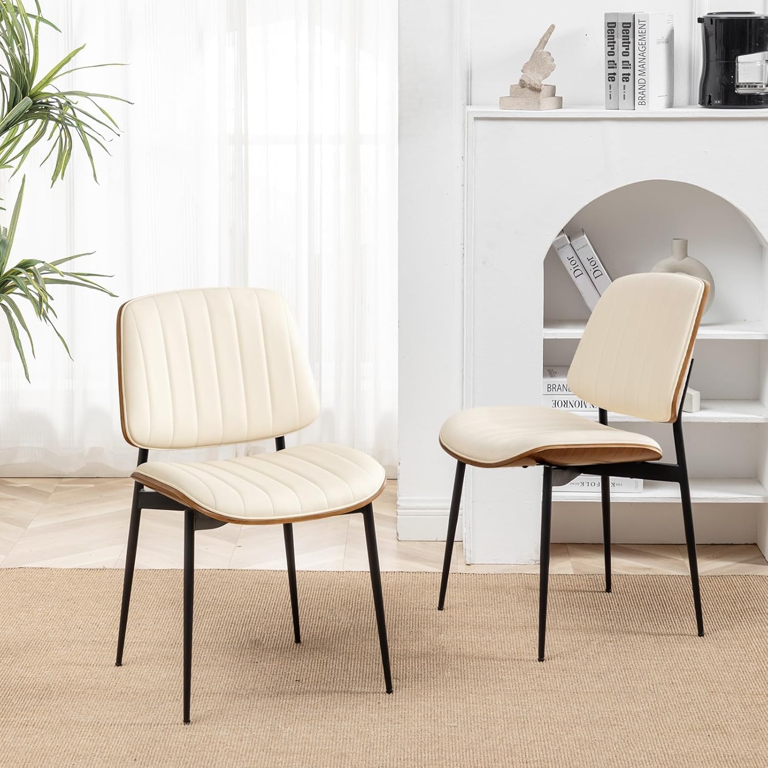 LUNLING Dining Room Chairs Mid Century Modern Retro Beige Faux Leather Chair with Walnut Bentwood Upholstered Seat Metal Legs Kitchen Chairs Adjustable Foot for Kitchen Dining Room,1PCS