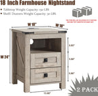 T4TREAM Farmhouse Nightstand Set of 2, Rustic End Table with 2 Drawers, Charging Station, Storage Open Shelf for Bedroom, Living Room, Wood Side Table, Light Rustic Oak