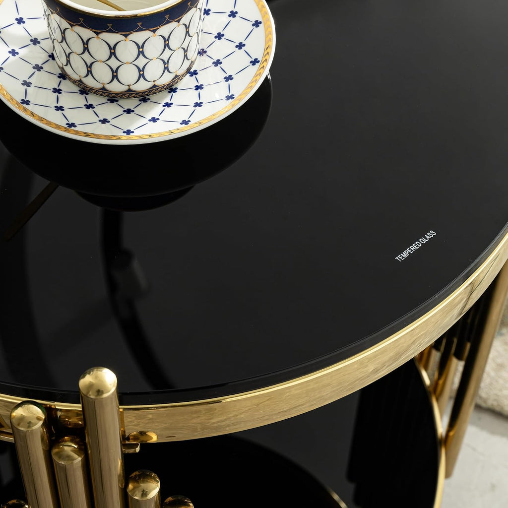 Gold Black End Table with Golden Stainless Steel Frame,Modern Glass Bedside Nightstand Table,Glass Cocktail Small Living Room Coffee Table