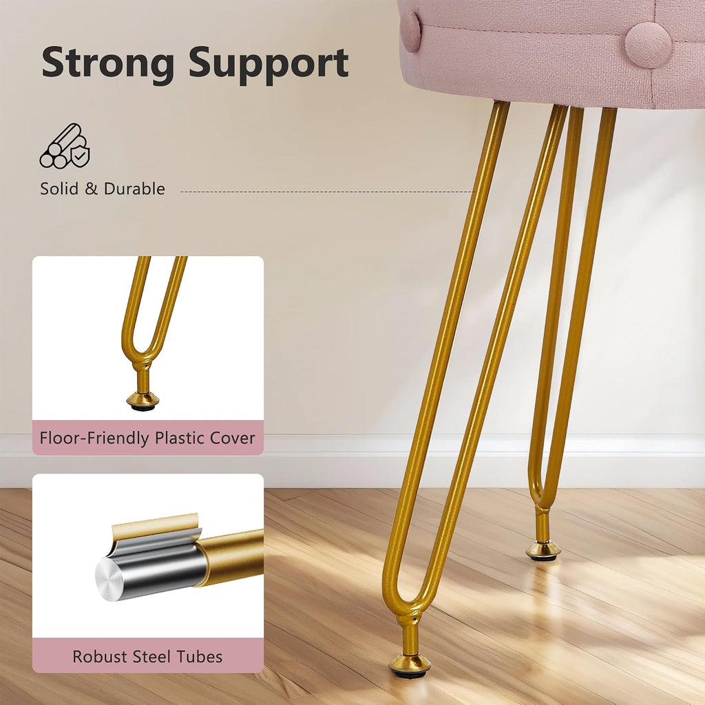 VECELO Round Velvet Vanity Stool with Storage, Faux Fur Padded Makeup Chair with 4 Metal Legs for Bedroom, Pink