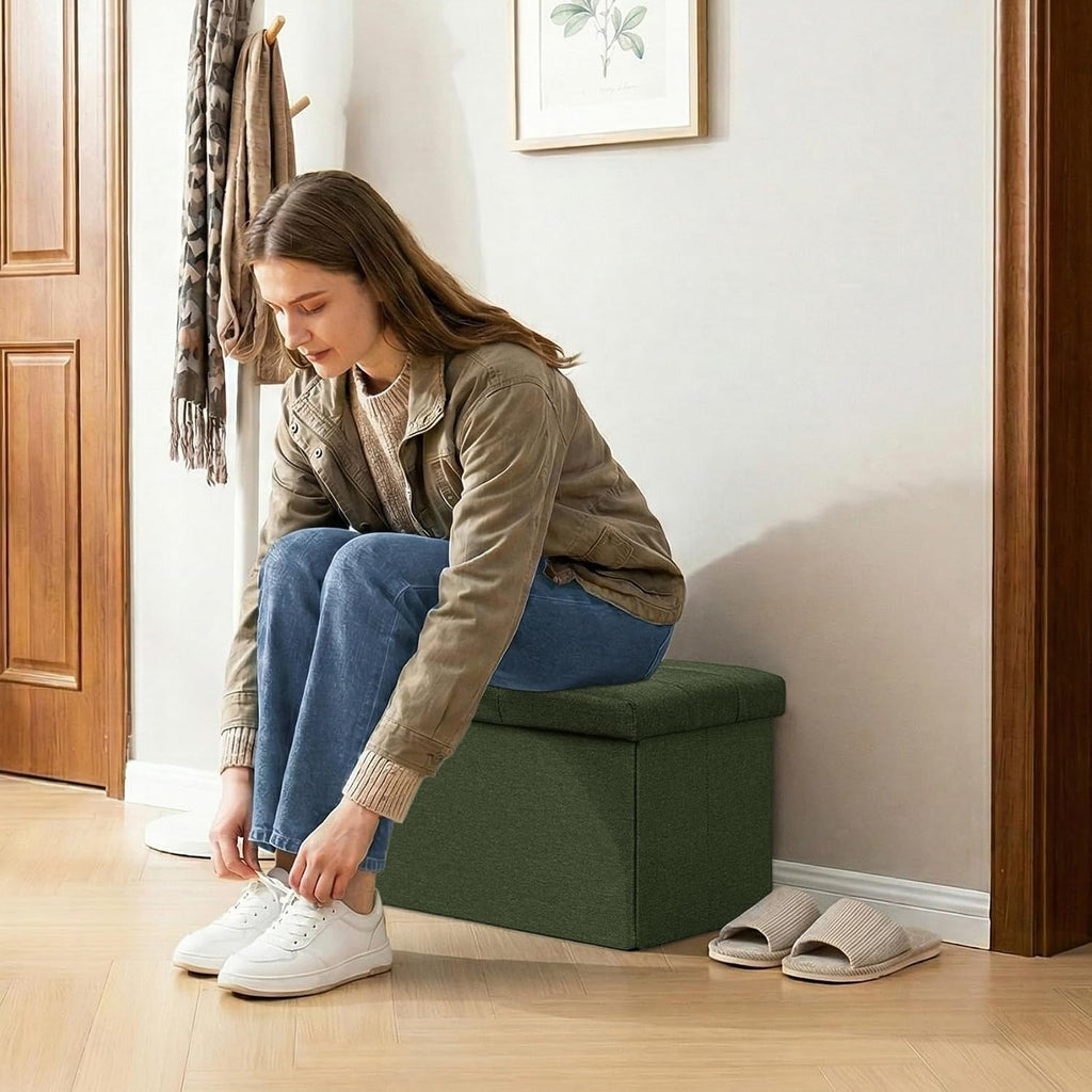 Folding Storage Ottoman, 16.5" Rectangular Footstool with Padded Tufted Lid, Collapsible Storage Footrest for Small Space, Living Room, Bedroom, Dorm, Olive Green