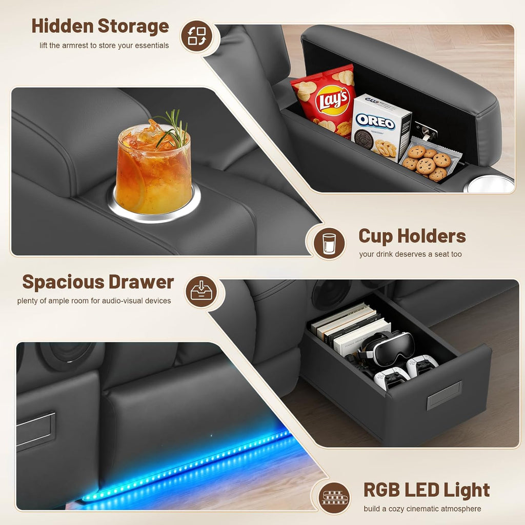 Power Loveseat Recliner Sofa with Console, Wall Hugger Reclining Loveseat with Reading Light, Home Theater Seating with LED Lights, Zero Gravity Recliner Couch for RV Couch and Living Room