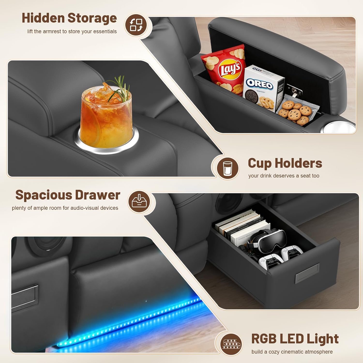 Power Loveseat Recliner Sofa with Console, Wall Hugger Reclining Loveseat with Reading Light, Home Theater Seating with LED Lights, Zero Gravity Recliner Couch for RV Couch and Living Room