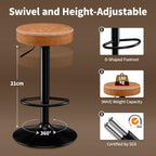 STOOLINK Tall Bar Stools Set of 2, Microfiber Leather Bar Height Stools | 360° Swivel Backless Bar Stools with Round Seat, Adjustable Counter Stools for Kitchen Island, Pub, 330 Lbs, Brown