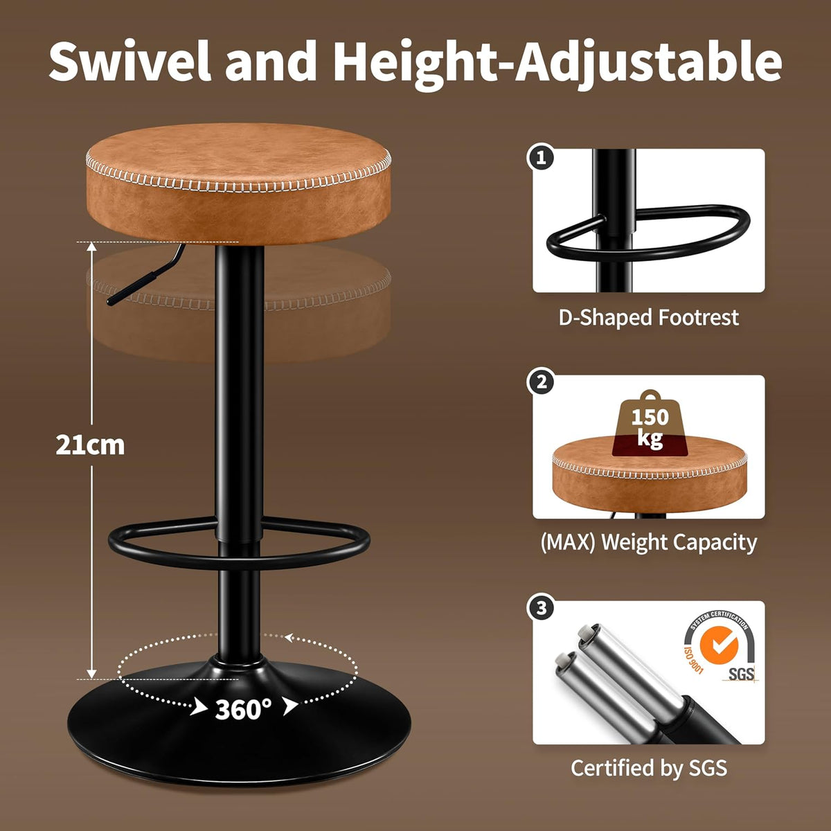 STOOLINK Tall Bar Stools Set of 2, Microfiber Leather Bar Height Stools | 360° Swivel Backless Bar Stools with Round Seat, Adjustable Counter Stools for Kitchen Island, Pub, 330 Lbs, Brown