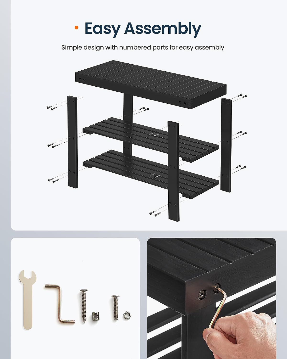 SONGMICS HOME 3-Tier Bamboo Shoe Bench, Shoe Rack, for Entryway Bathroom Bedroom, 11.5 x 27.8 x 18 Inches, Black