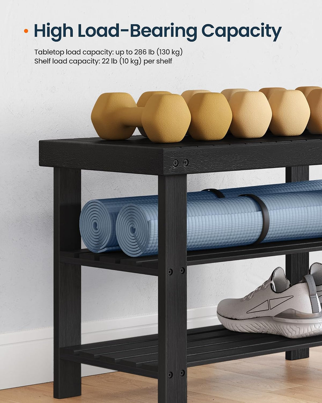SONGMICS HOME 3-Tier Bamboo Shoe Bench, Shoe Rack, for Entryway Bathroom Bedroom, 11.5 x 27.8 x 18 Inches, Black