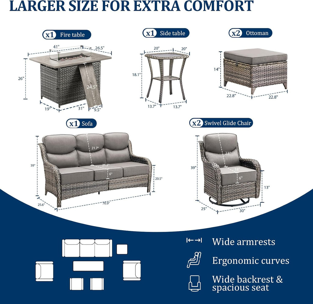 Luxury Swivel Rocker Chairs Fire Pit Set with 6" Thick Cushion 7 piece Wicker Outdoor Patio Chair with Sofa and Ottoman,Comfortable High Back Outdoor Patio Furniture Set - Gery | Gery