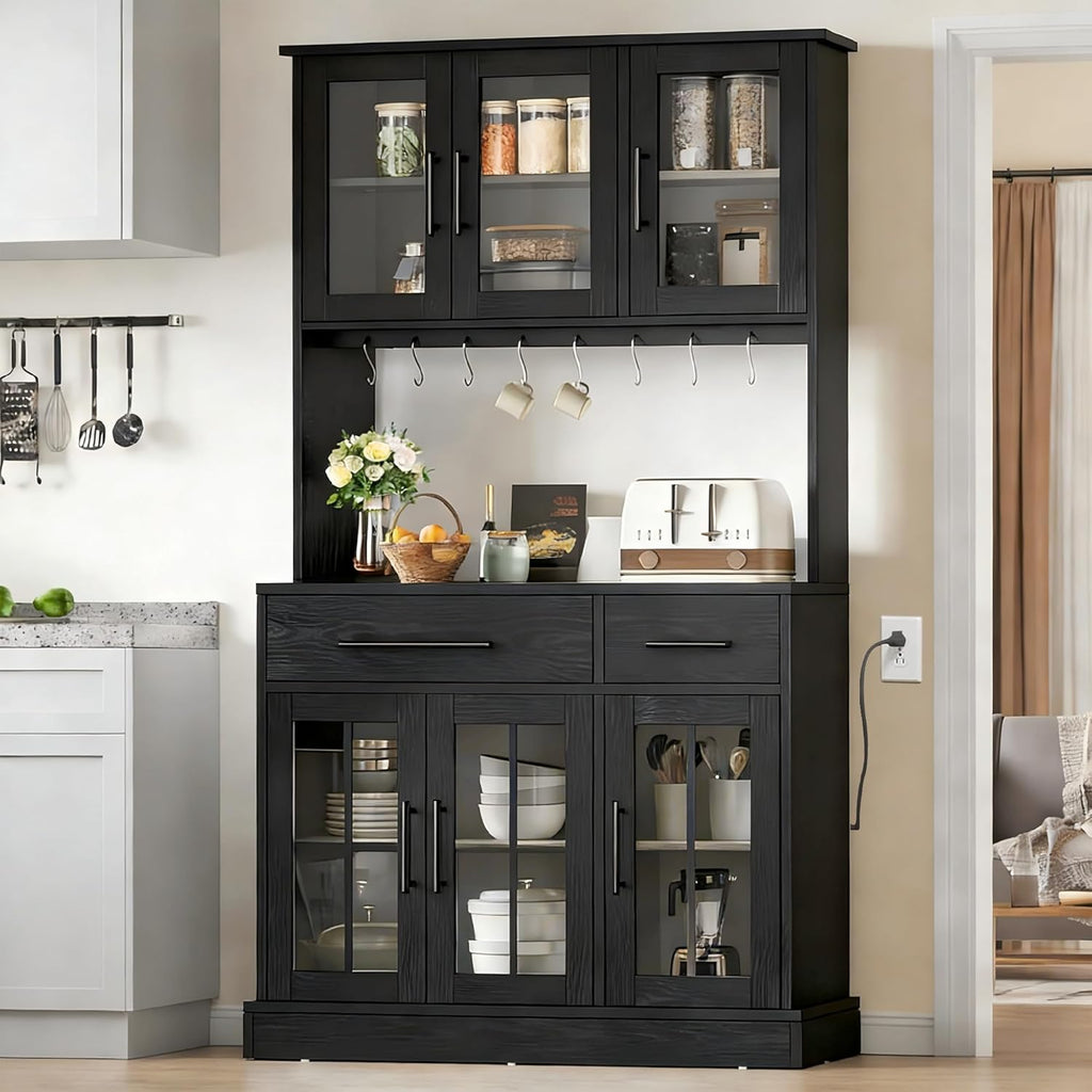 DWVO Kitchen Pantry Storage Cabinet with Microwave Stand, 71'' Tall Kitchen Hutch Cabinets with Power Outlet, Modern Food Pantry Hutch with Drawers ＆ Shelves for Home, Pack of 1, Black | 71" Tall Kitchen Hutch Cabinets with Power Outlet, Modern Food