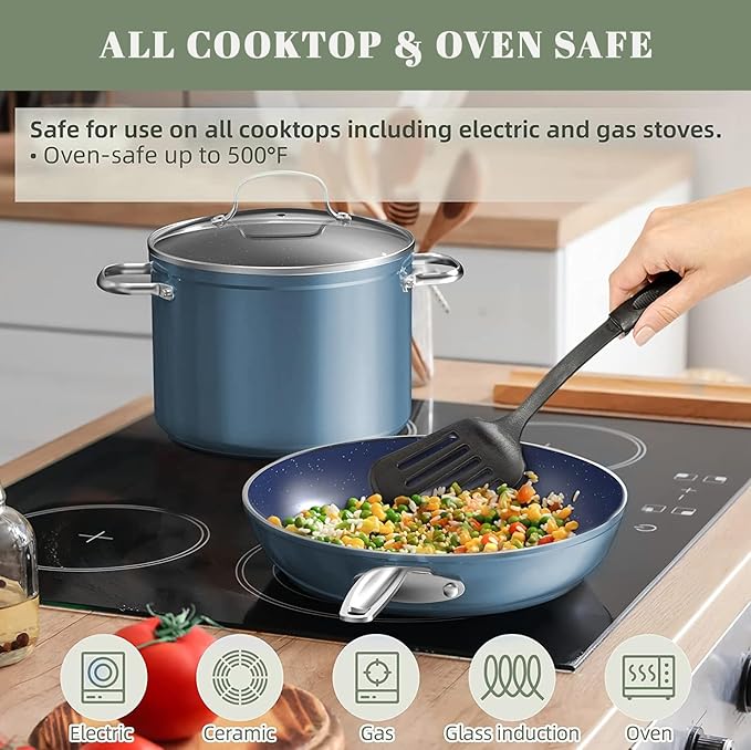 Nuwave 7pc Cookware Set Healthy Duralon Blue Ceramic Nonstick Coated, Diamond Infused Scratch-Resistant, PFAS Free, Oven Safe, Induction Ready & Evenly Heats, Tempered Glass Lids & Stay-Cool Handle