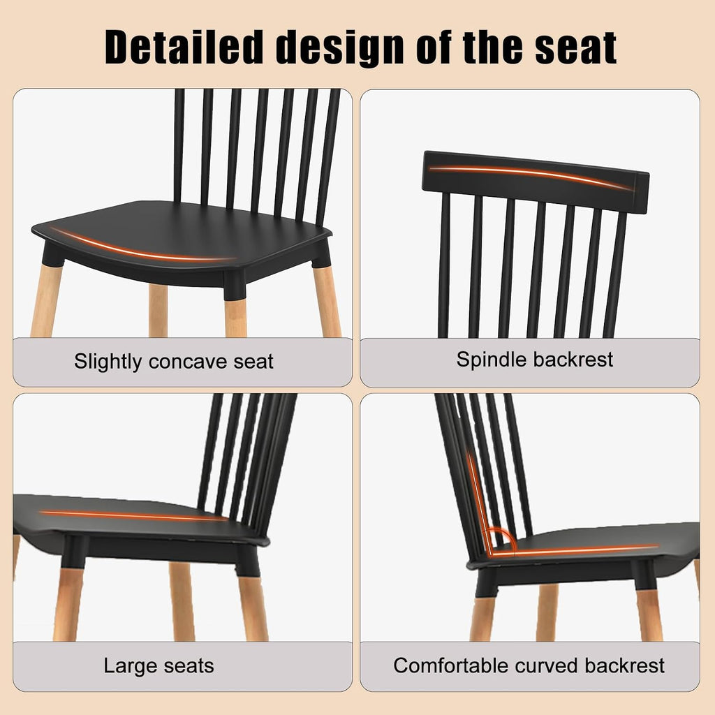 POWERSTONE Windsor Dining Chair Set of 4, Farmhouse Kitchen Chairs with Solid Wood Legs Spindle Dining Room Chair for Dining Living Room Restaurant Black