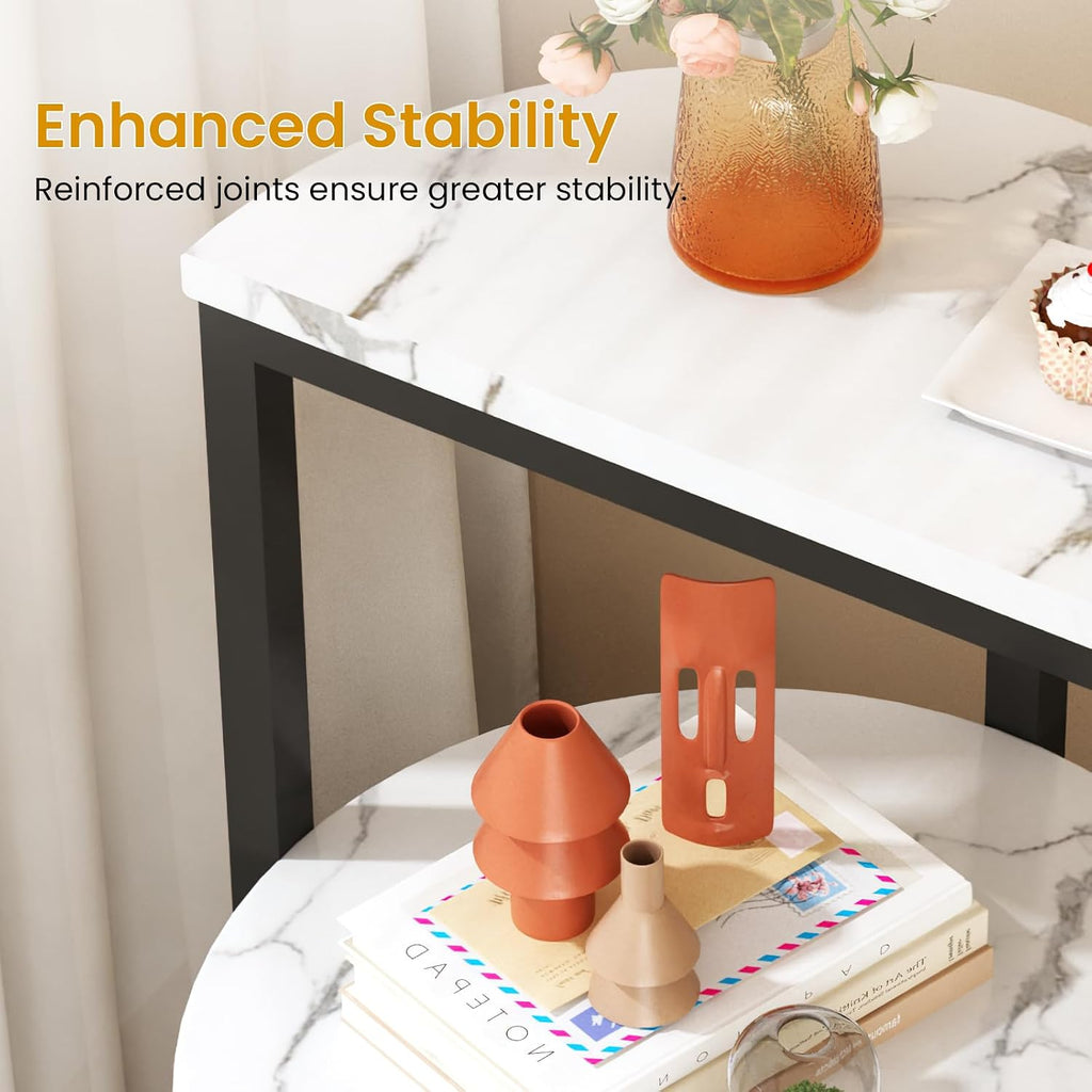 White and Black End Tables Set of 2, Round Marble Nightstand Set of 2 for Bedroom 3-Tier Marble Side Table Small Coffe Table with Metal Legs,Modern Sofa Table Accent Table for Living Room