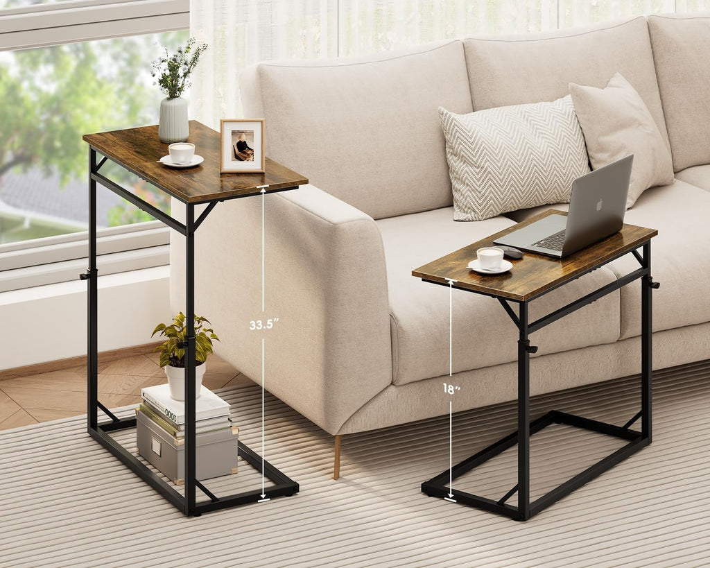 Vagusicc C Shaped End Table, Tall Side Table for Couch, C-Table End Table Adjustable Height Side Tables, Large Surface Sofa Tables TV Tray, Slide Under Couch Tables for Sofa, Living Room,Bedroom,Brown