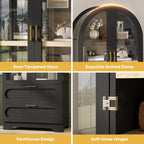 Bestier 71" Arched Kitchen Pantry Cabinet with LED Lights, 15.7" Deep Storage Cabinet with 3 Adjustable Shelves and 2 Drawers, Modern Farmhouse Cupboard for Living Room, Kitchen, Dining Room, Black