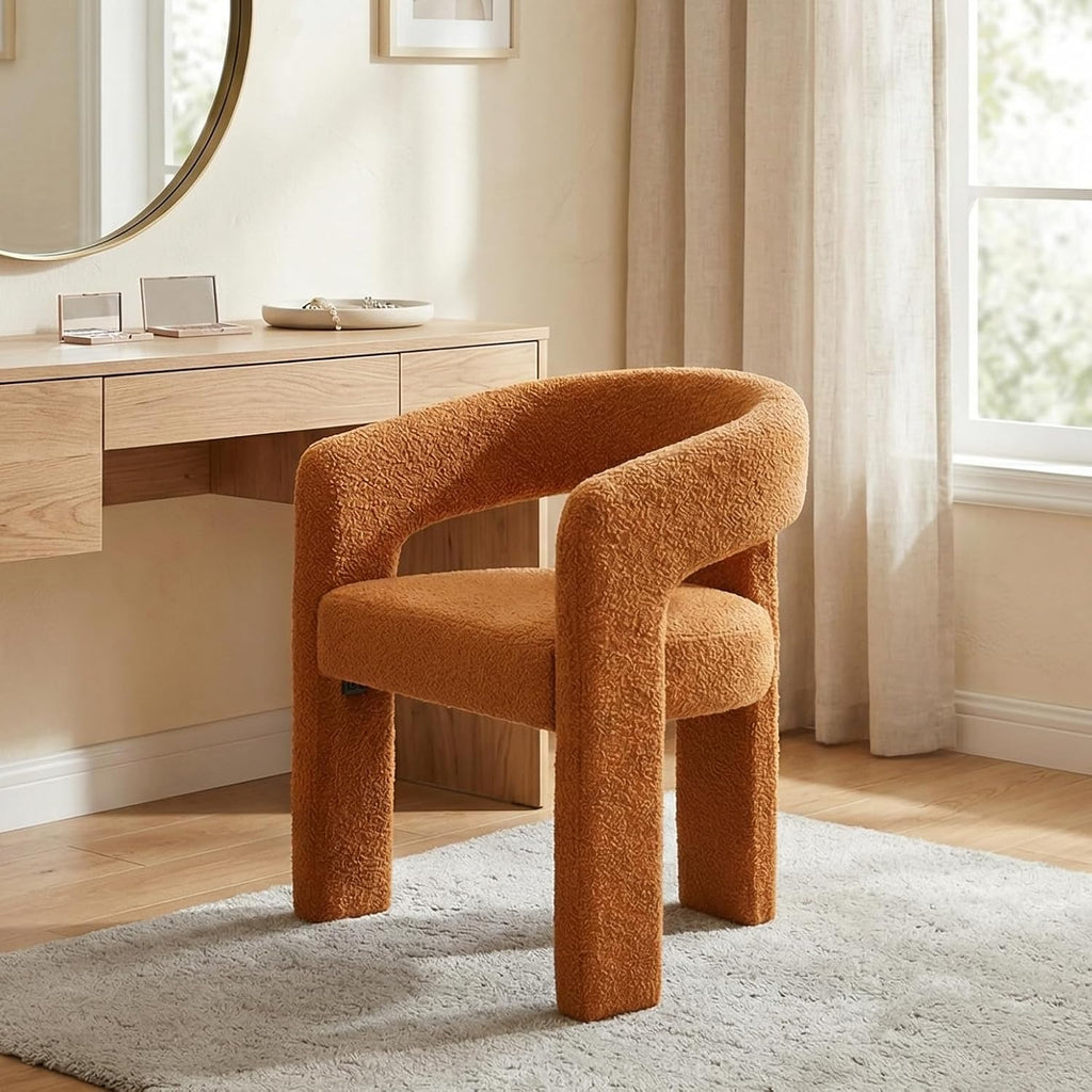 HNY Modern Sherpa Barrel Single Dining Chair, Orange | Upholstered Accent Armchair With 18.5" Wide Seat No Assembly Required For Living Room Bedroom Vanity Small Spaces