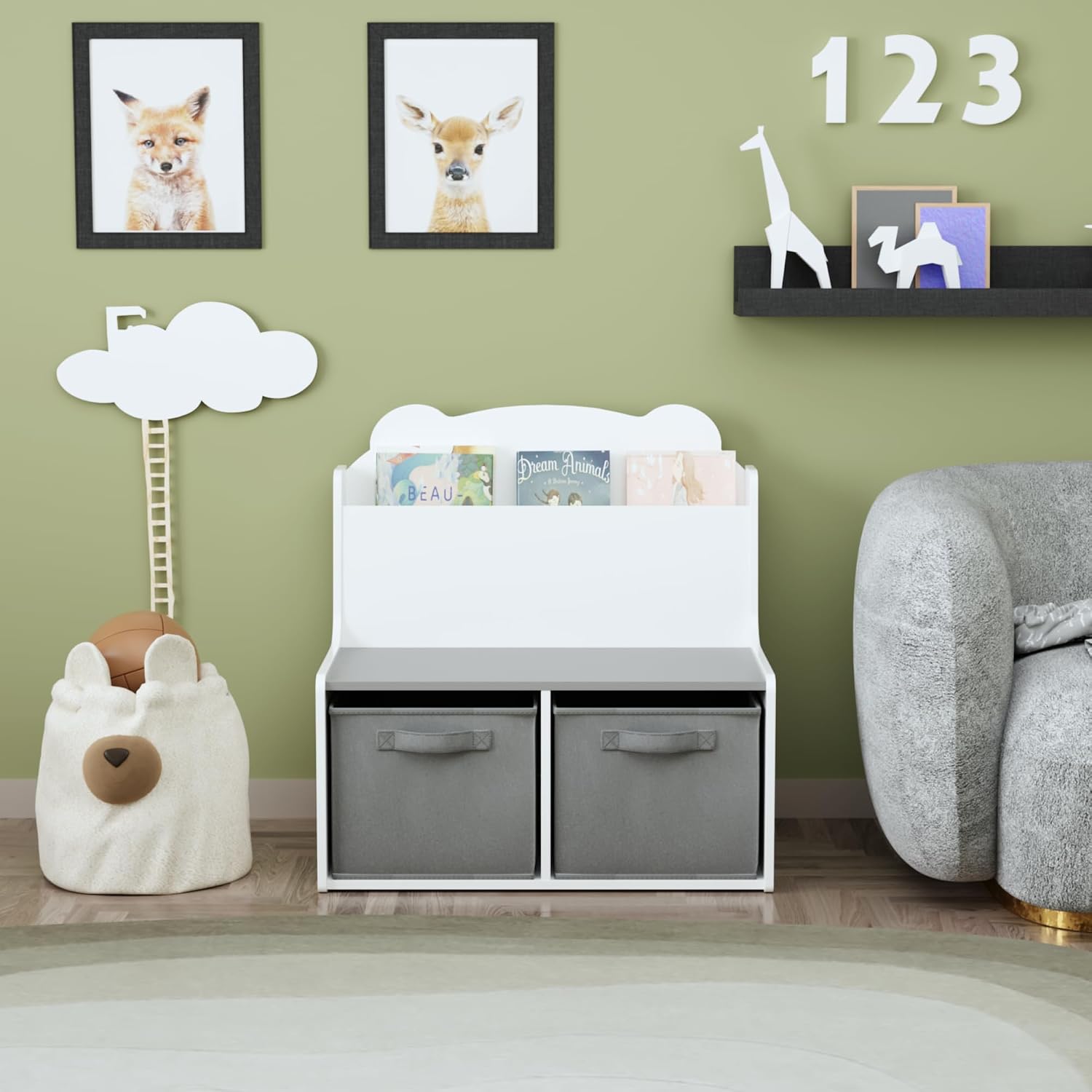 Kids Bookshelf with Chalkboard Side, Bear-Shaped Wooden 3-Tier | Bear-shaped wooden bookcase with 3-tier open shelves and a chalkboard side for drawing; sturdy, kid-safe rounded corners