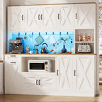 70.87" Kitchen Pantry Cabinet with LED Lighting & Charging Station, Farmhouse Storage Cabinet with X Barn Doors, Pull-Out Shelf & Adjustable Shelves, Coffee Bar Pantry for Dining Room, White