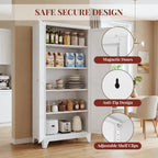 71" Metal Kitchen Pantry Cabinet with Dual Handles & Adjustable Legs, Freestanding Storage Cabinet with Doors and 4 Adjustable Shelves, Tall Food Pantry for Kitchen Dining Room, White