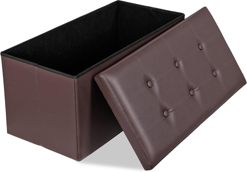 JupiterForce Ottoman Storage Bench, 30 Inches Folding Faux Leather Ottoman Bench with Storage Padded Seat Footrest Bench for Bedroom, Entryway, Living Room, Holds up to 350lbs, Brown