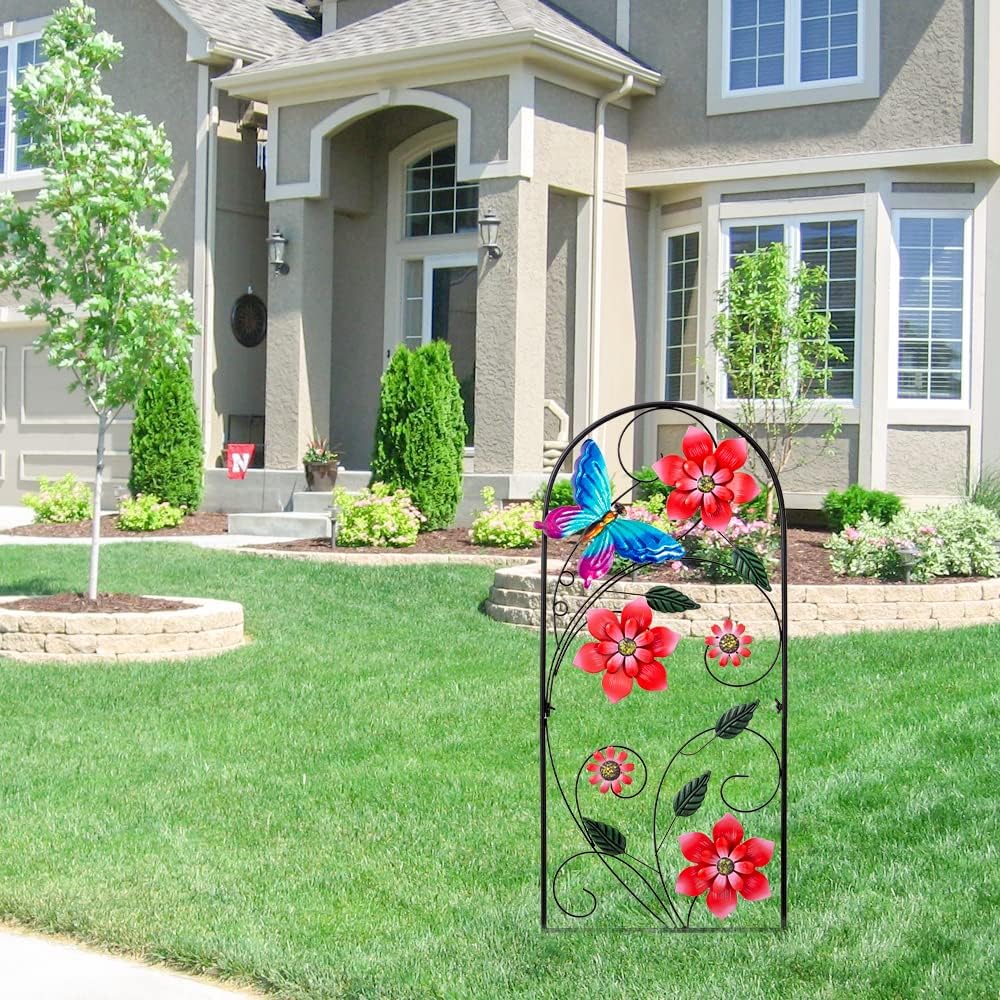 YEAHOME 34inch Decorative Garden Stakes, Outdoor Garden Decor Metal Flower Butterflies Spring Gardening Decor Art Yard Signs, Outdoor Decorations for Patio Outside Yard Lawn