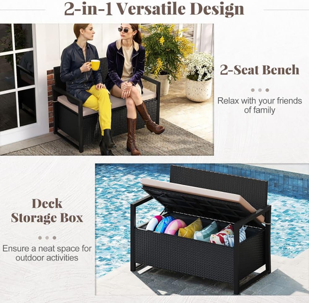 PE Rattan Outdoor Storage Loveseat Brown UV-Resistant Woven Rattan Pattern, 40-Gallon Under-Seat Storage, 800lbs Capacity for Patio