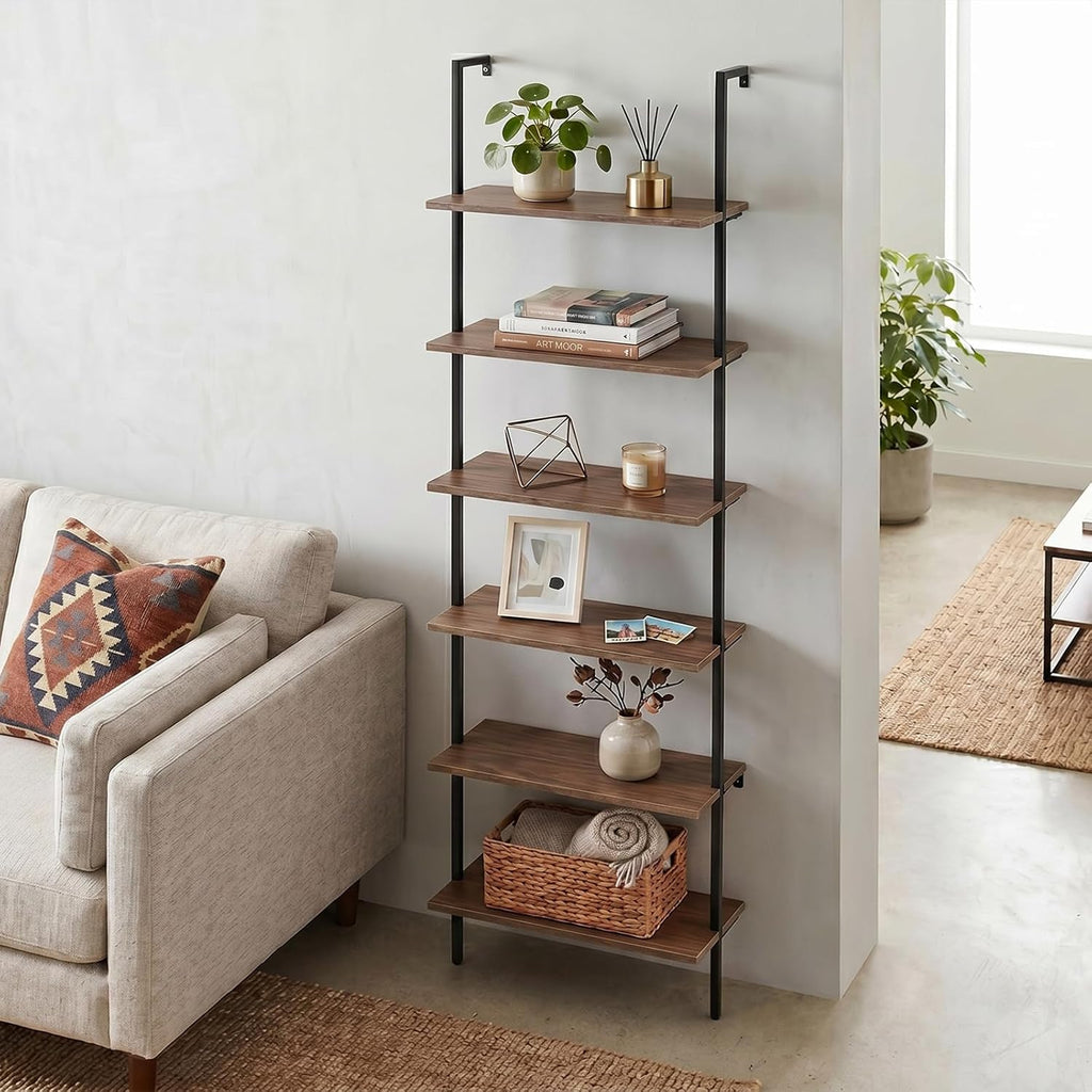 Wolawu Ladder Shelf Black 6 Tiers Modern Bookshelf Room Organizer Open Tall Wall Mount Bookcase Standing Leaning Wall Shelves Industrial Decorative Living Room Bed Room (Brown)