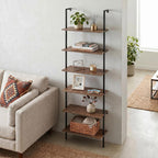 Wolawu Ladder Shelf Black 6 Tiers Modern Bookshelf Room Organizer Open Tall Wall Mount Bookcase Standing Leaning Wall Shelves Industrial Decorative Living Room Bed Room (Brown)