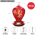 Gifts for Mom 34OZ Hand Blown Glass Hummingbird Feeders for Outdoors Hanging, with Ant Moat Humming Bird Feeders, Porch Backyard Decor Gifts for Women (Floral Balloon)