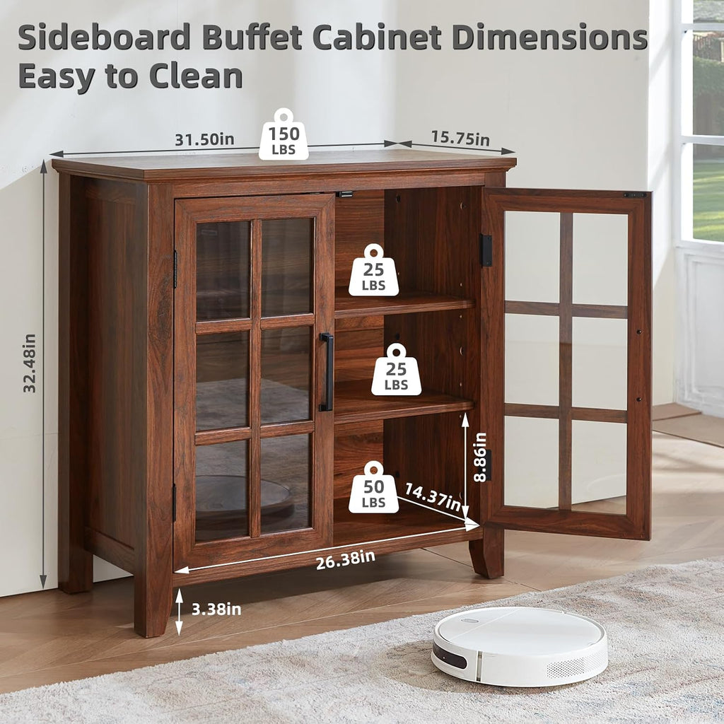 Joaxswe Large Sideboard Buffet Cabinet with Storage, 32" Farmhouse Brown Kitchen Coffee Wine Bar Cabinet with 2 Glass Doors, Wood Mid Century Modern Side Board Table for Dining Room, Living Room