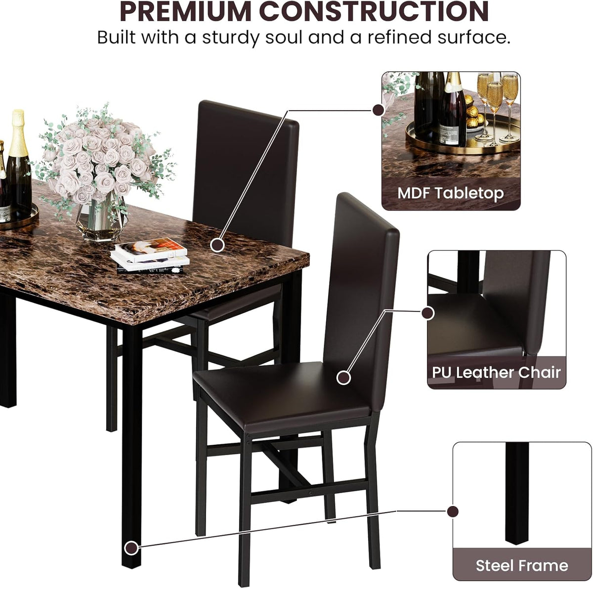 Recaceik 5-Piece Dining Table Set for 4, Faux Marble Kitchen Table Chairs Set of 4, Kitchen Table Set with 4 Upholstered PU Leather Chairs for Dining Room, Living Room, Apartment, Small Spaces, Brown