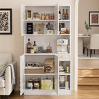 White Kitchen Pantry Cabinet, 71" Hutch Cabinet with Countertop & Power Outlet & Adjustable Shelves, High Gloss Wood Buffet Cabinet with Microwave Stand for Living Room, Dinning Room